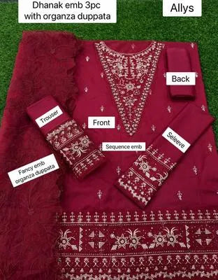Chic Red Embroidered Suit Set with Organza Dupatta – 3 Pcs