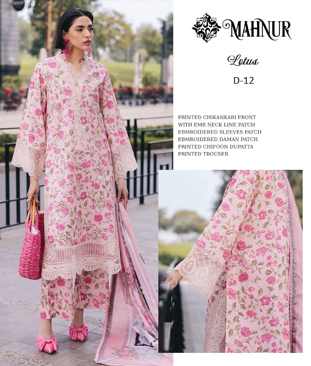 Printed Lawn Chickenkari Embroidered Front Chiffon Duppta