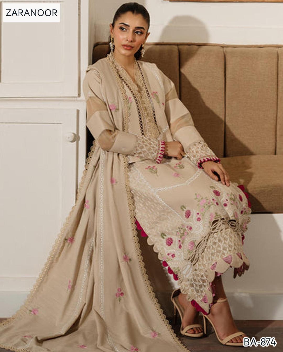 Beige embroide  suit set 3 PCs with lown  shirt trouser dupatta