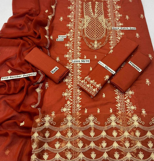 Embroidered Lawn – 3 Piece Suit (Orange)