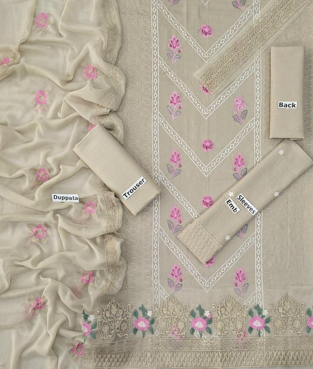 Beige embroide  suit set 3 PCs with lown  shirt trouser dupatta