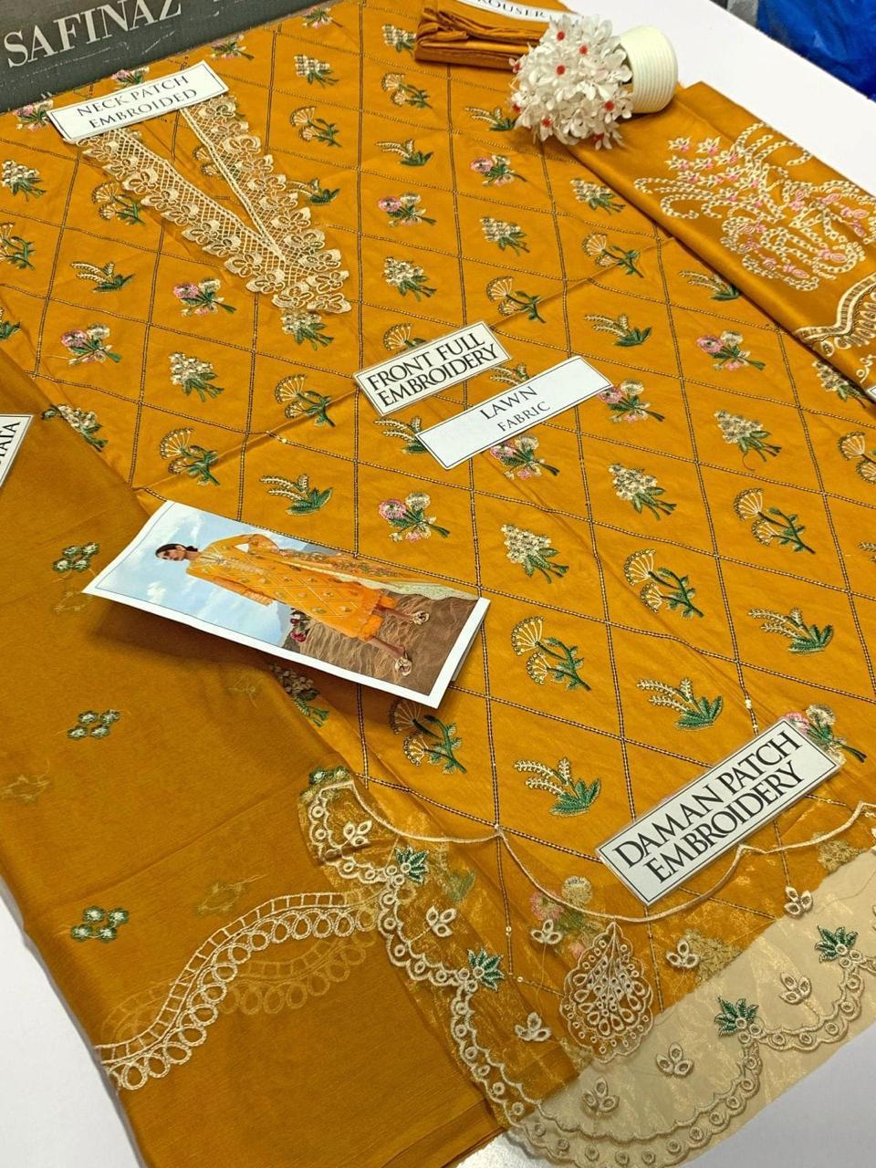 3 PCs woman's unstitched Embroidered suit