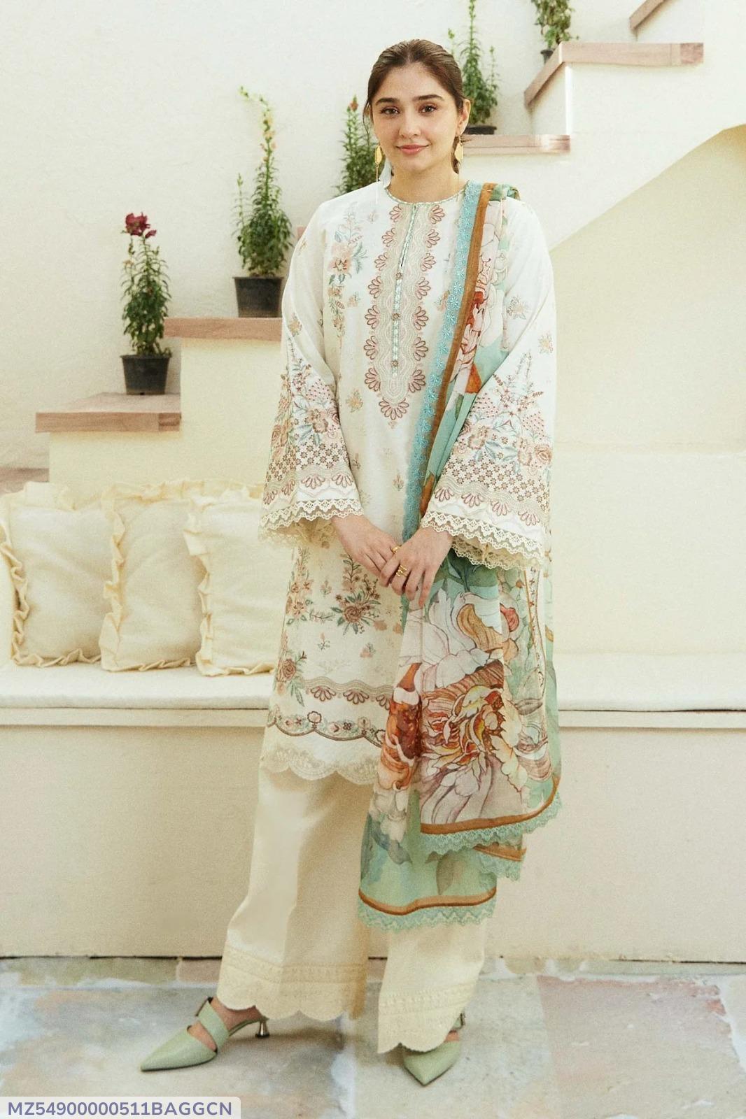 3 PCs woman's unstitched Embroidered suit