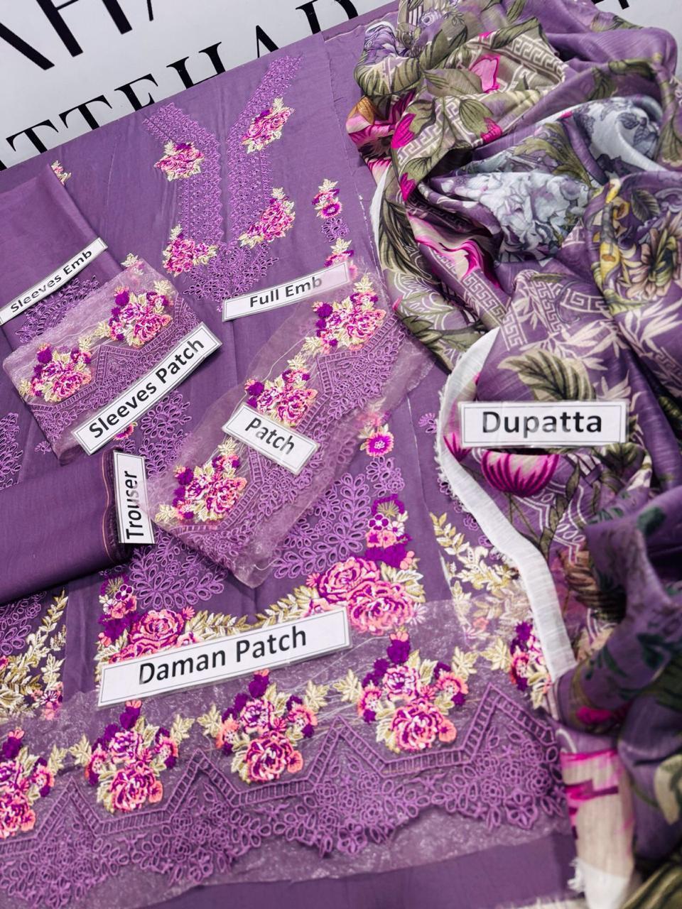 3 Pcs Women's Unstitched Chikankari Embroidered Suit – Purple 💜