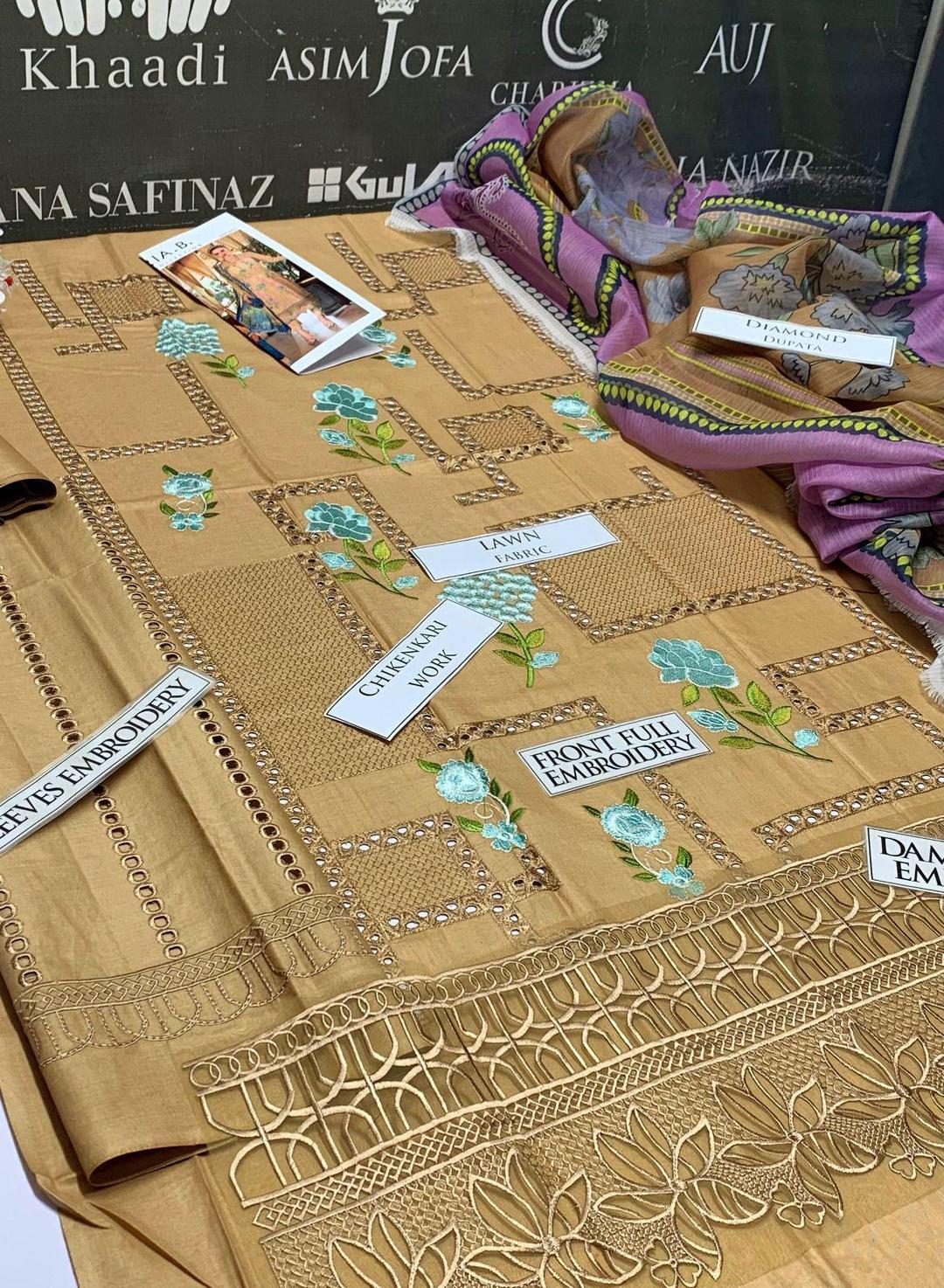 3 PCs woman's unstitched Embroidered suit