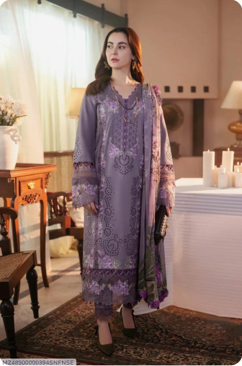 3 Pcs Women's Unstitched Chikankari Embroidered Suit – Purple 💜
