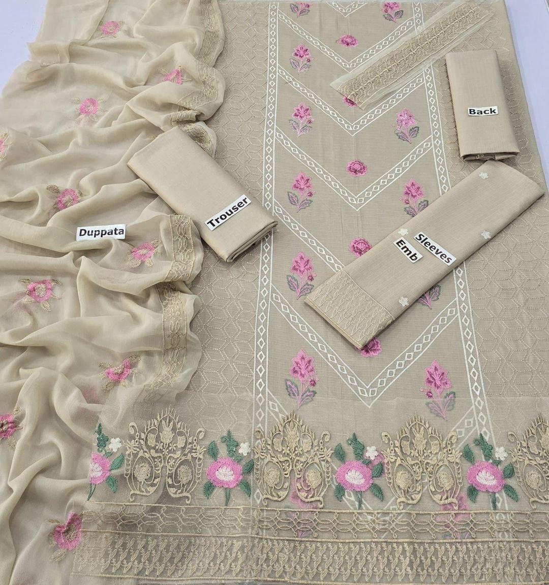Beige embroide  suit set 3 PCs with lown  shirt trouser dupatta