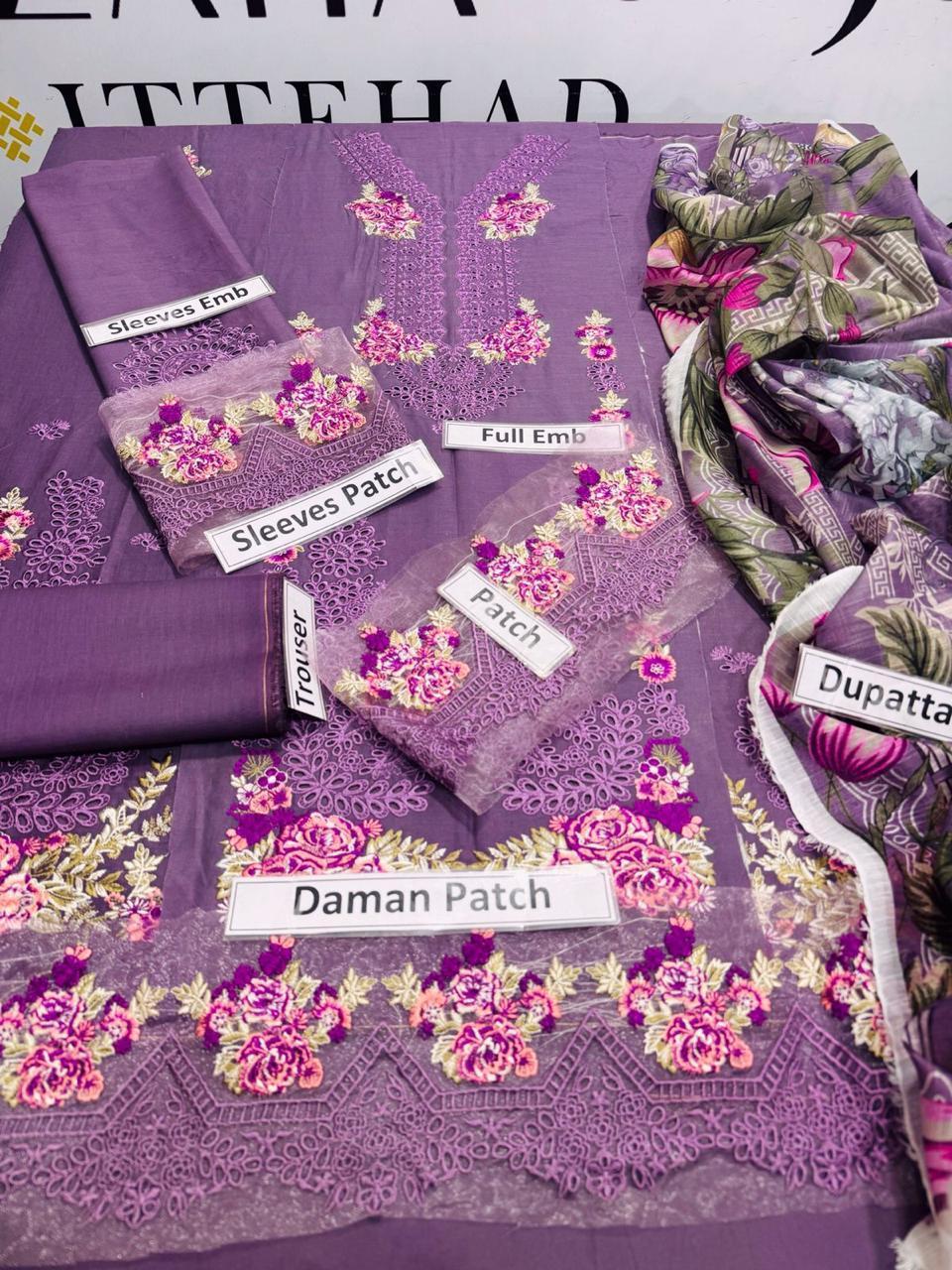 3 Pcs Women's Unstitched Chikankari Embroidered Suit – Purple 💜