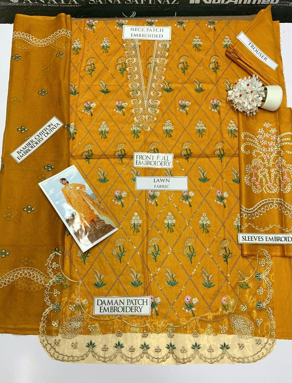 3 PCs woman's unstitched Embroidered suit