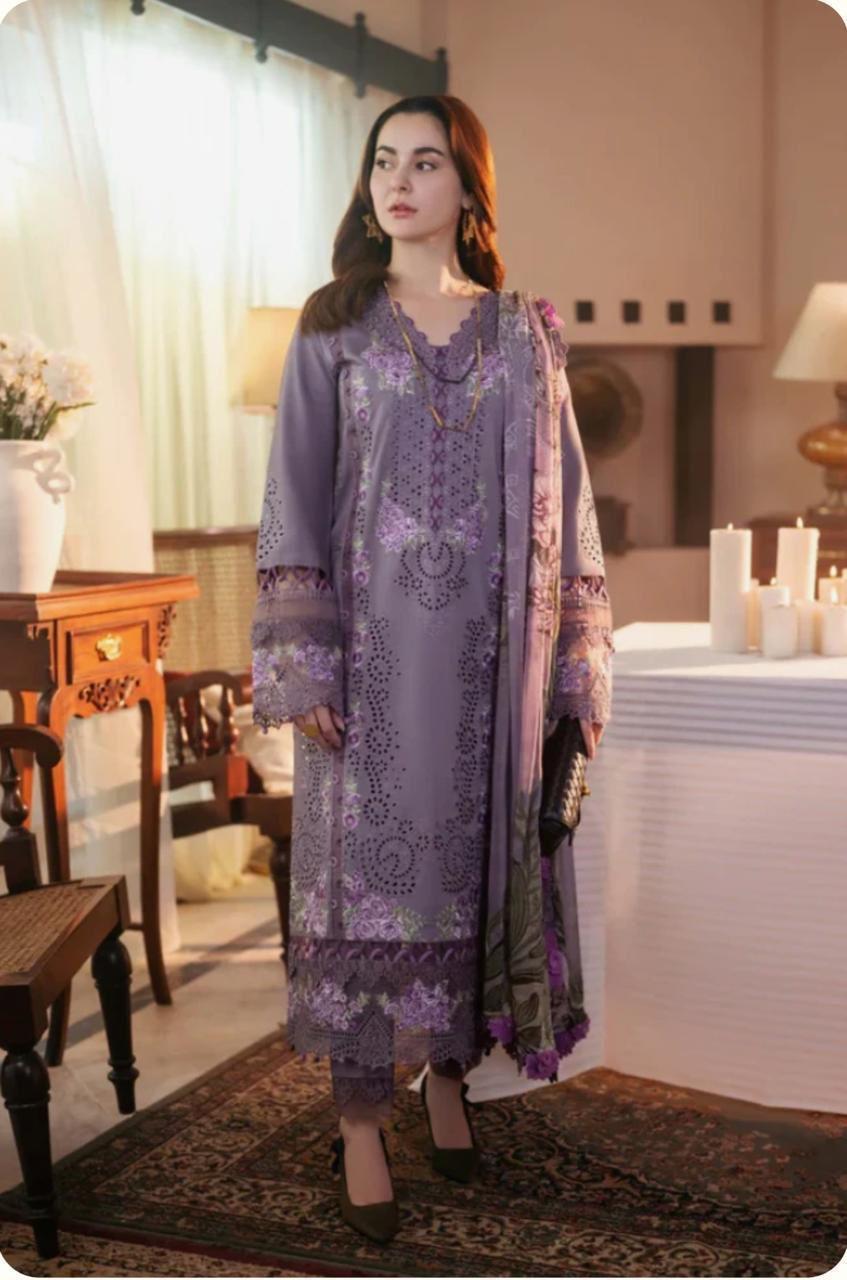 3 Pcs Women's Unstitched Chikankari Embroidered Suit – Purple 💜