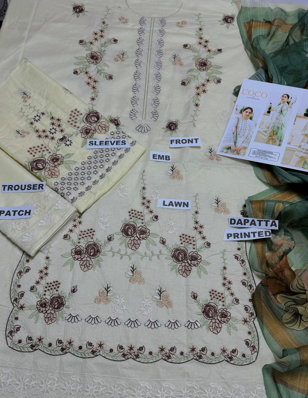 3 PCs woman's unstitched Embroidered suit