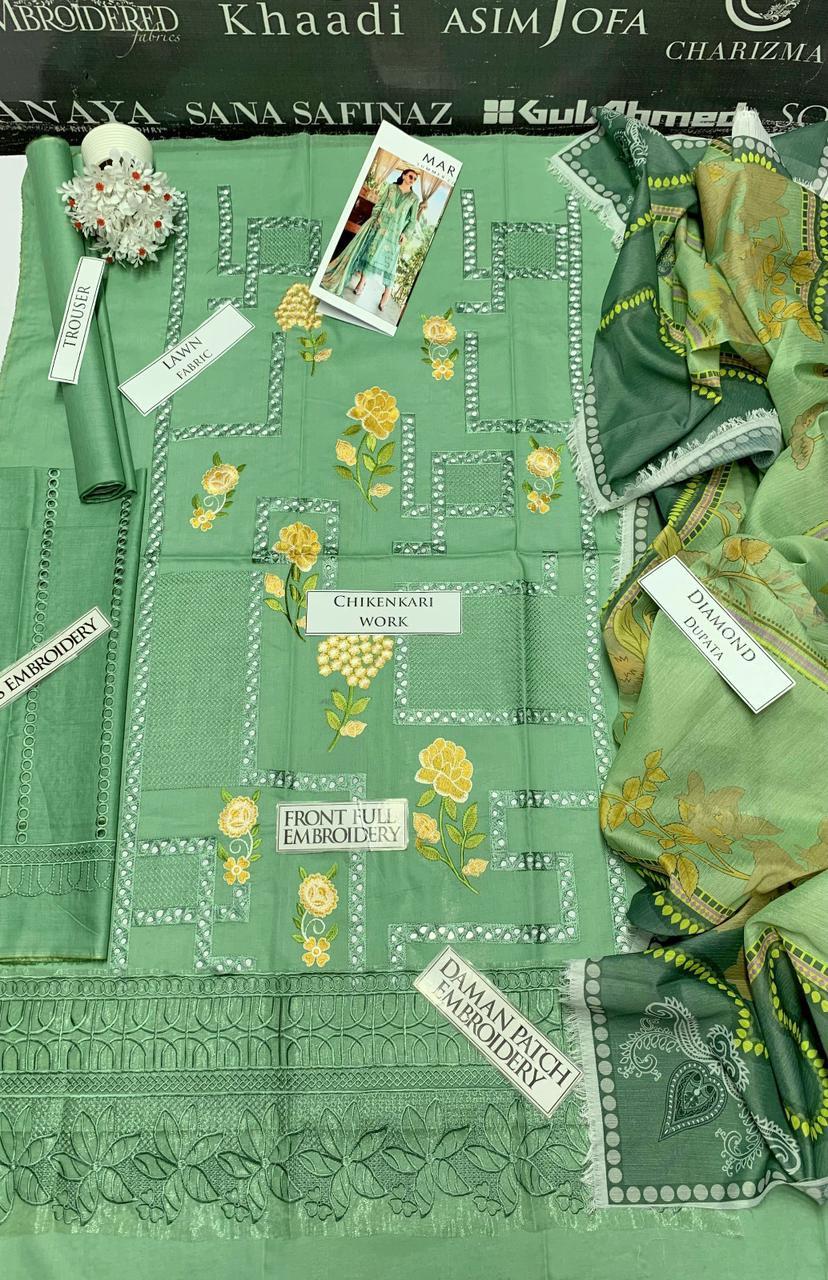 3 PCs woman's unstitched Embroidered suit