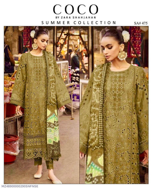 3 Pcs Women's Unstitched Chikankari Embroidered Suit – Green