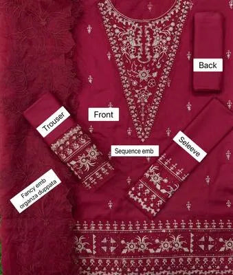 Chic Red Embroidered Suit Set with Organza Dupatta – 3 Pcs