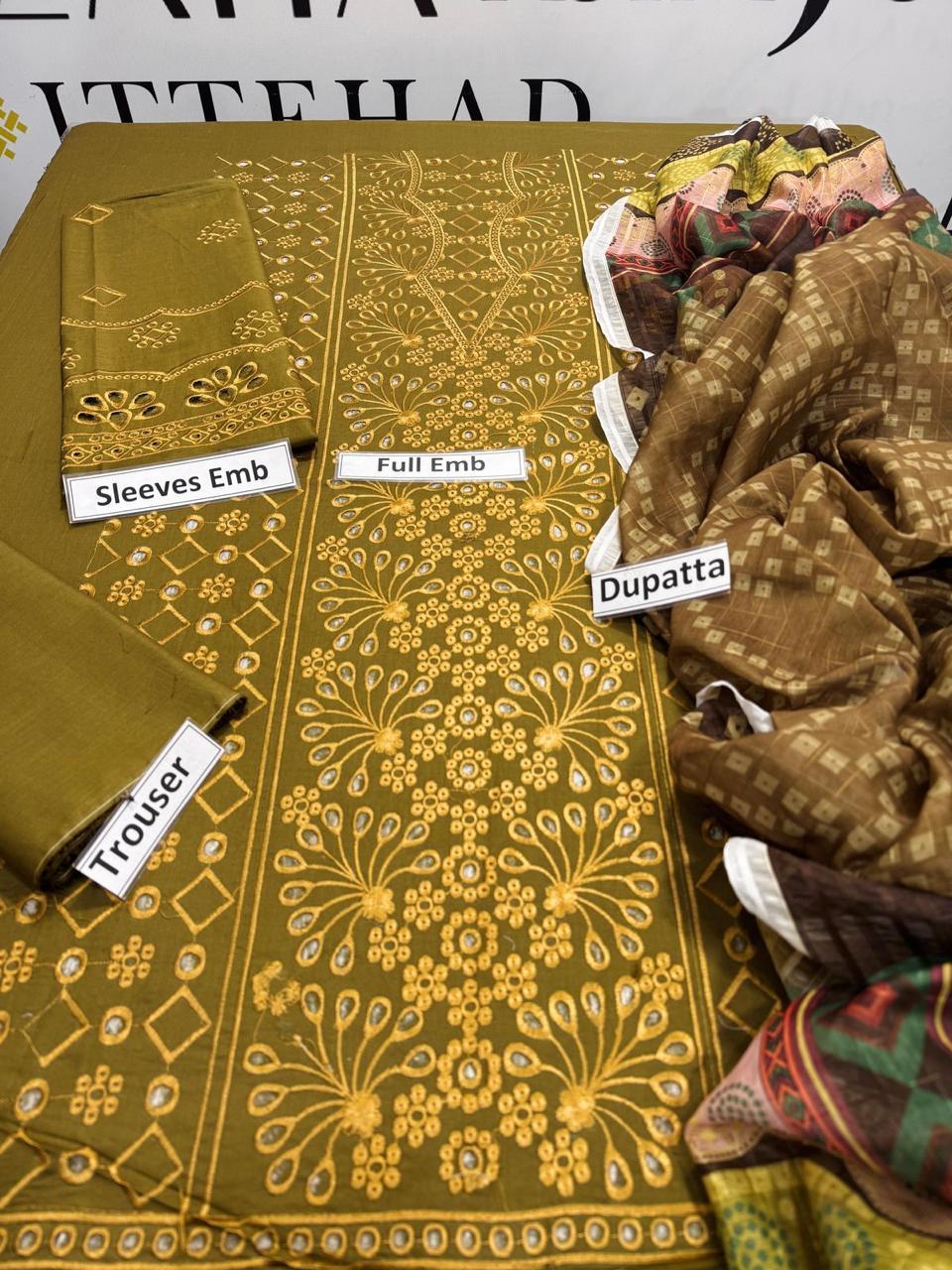 3 Pcs Women's Unstitched Chikankari Embroidered Suit – Green
