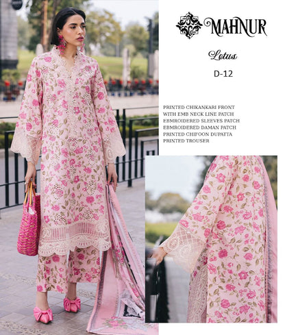 Printed Lawn Chickenkari Embroidered Front Chiffon Duppta