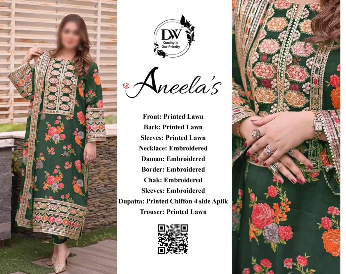 3 Pc Embroidery Printed Lawn printed Chiffon Duppta Original
