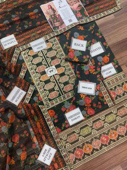 3 Pc Embroidery Printed Lawn printed Chiffon Duppta Original