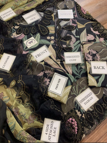 3 Pc Embroidery Printed Lawn  Chiffon Duppta 4 side Aplik