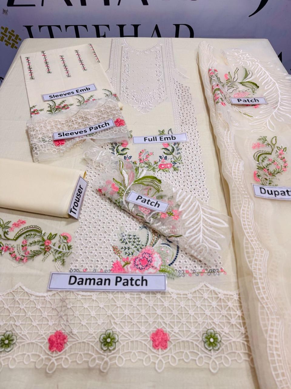 3 PCs Women Unstitched Chikankari Embroidered