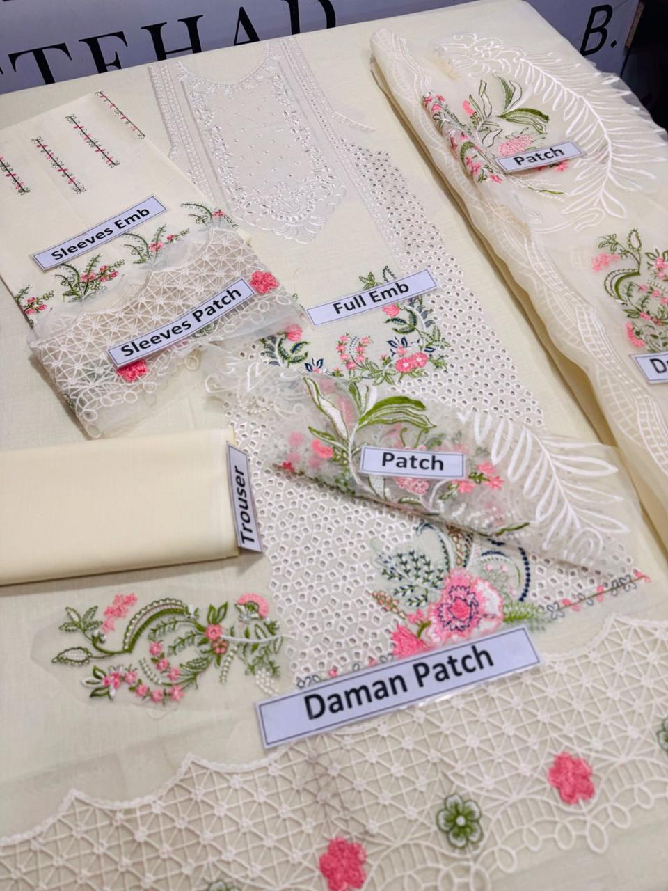 3 PCs Women Unstitched Chikankari Embroidered