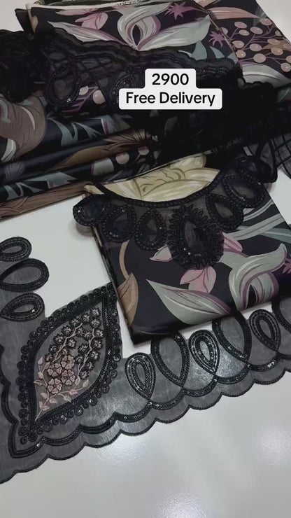 3 Pc Embroidery Printed Lawn  Chiffon Duppta 4 side Aplik