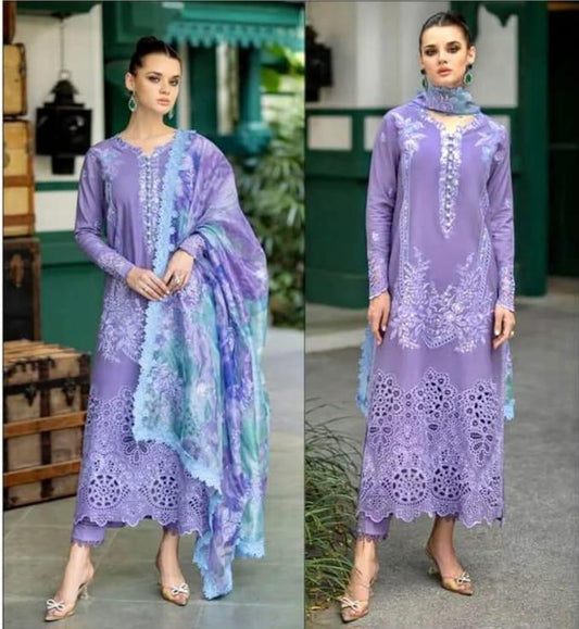 3 PCs woman's unstitched chikankari embroidered suit