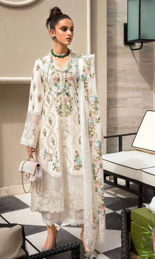 3 PCs woman's unstitched chikankari embroidered suit