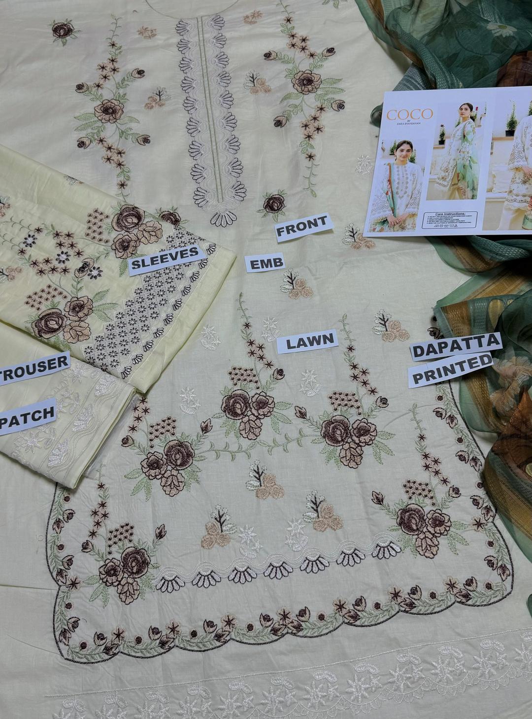 3 PCs woman's unstitched Embroidered suit