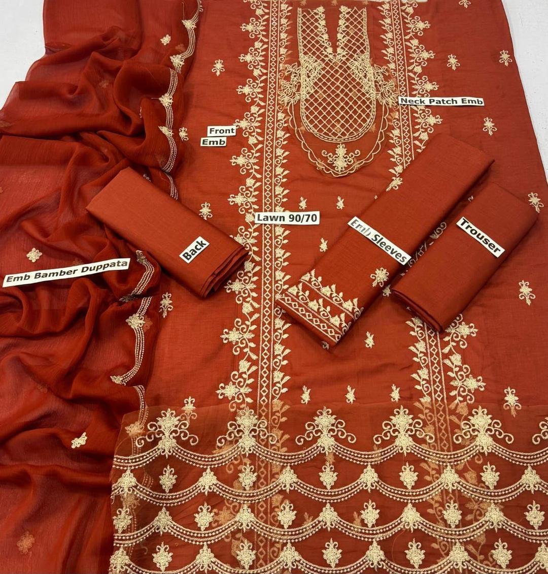 Embroidered Lawn – 3 Piece Suit (Orange)