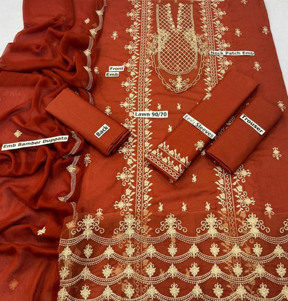 Embroidered Lawn – 3 Piece Suit (Orange)
