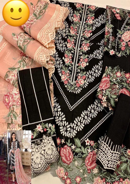 3 PCs woman's unstitched Embroidered Chikankari suit