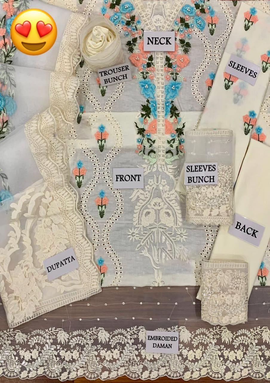 3 PCs woman's unstitched chikankari embroidered suit