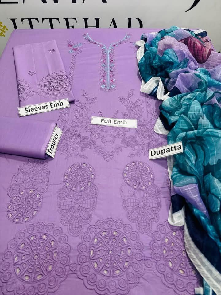 3 PCs woman's unstitched chikankari embroidered suit