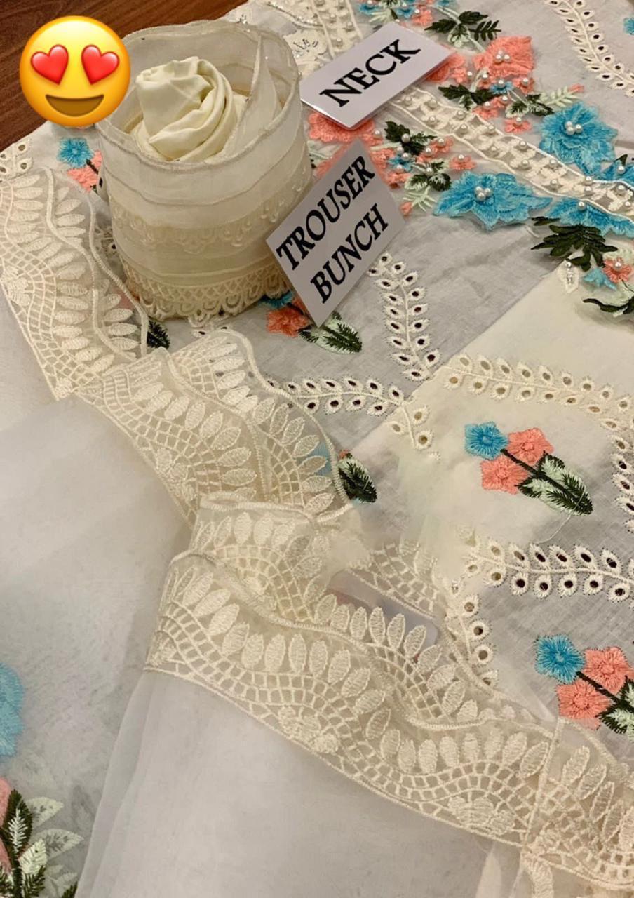 3 PCs woman's unstitched chikankari embroidered suit