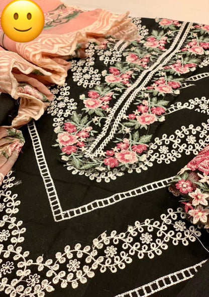 3 PCs woman's unstitched Embroidered Chikankari suit
