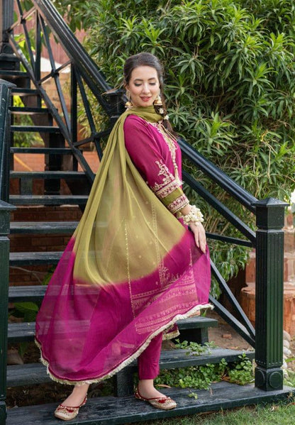 3 PCs woman's unstitched Embroidered suit