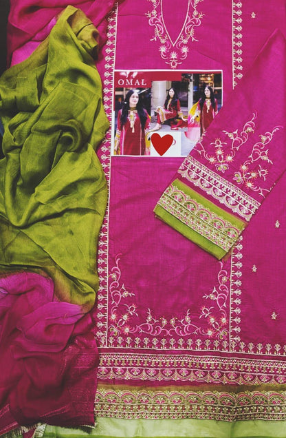 3 PCs woman's unstitched Embroidered suit
