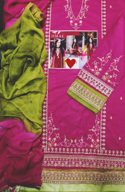 3 PCs woman's unstitched Embroidered suit