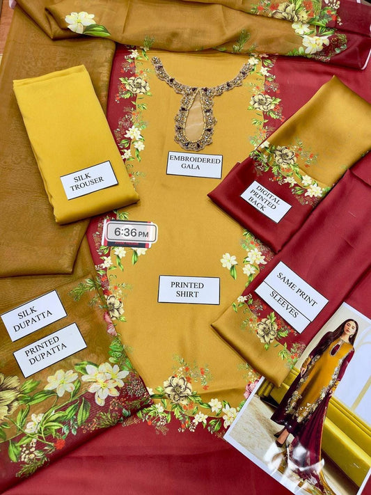3 pc Mustered printed Suit Silk Fabric