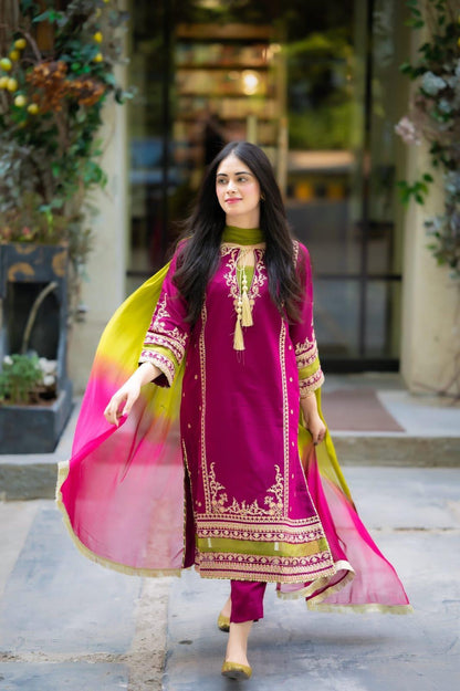 3 PCs woman's unstitched Embroidered suit
