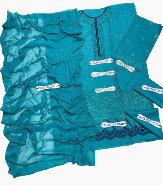 3 PCs woman's unstitched Swiss lawn embroidered suit