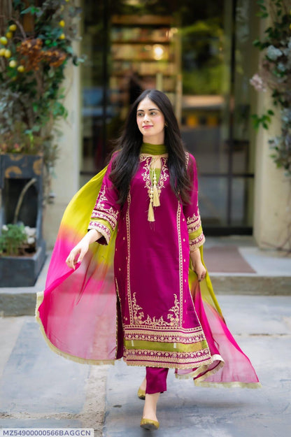 3 PCs woman's unstitched Embroidered suit