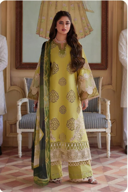 3 PCs Women's Unstitched Chikankari Embroidered Suit – Green