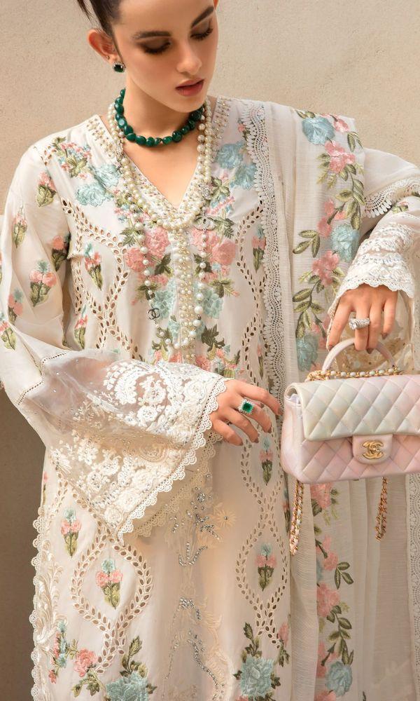3 PCs woman's unstitched chikankari embroidered suit
